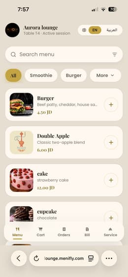 Customer menu mobile screenshot